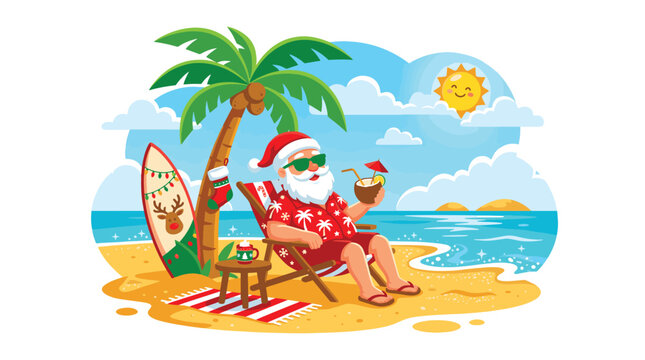 Santa Claus relaxing on a tropical beach with a surfboard and cocktail, enjoying a sunny holiday vacation