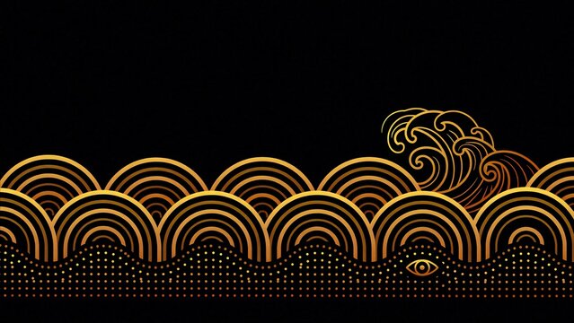 Elegant golden geometric wave pattern border on black background with luxury decorative design