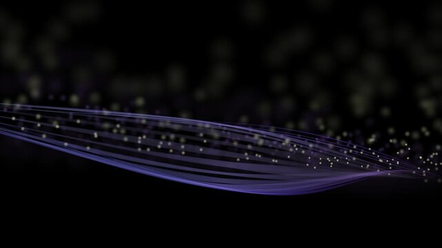 A mesmerizing digital animation unfolds against a velvety black background, featuring a luminous wavy ribbon-like structure gliding horizontally with shimmering lines that gently ripple and undulate