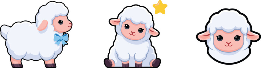 Fototapeta premium Cute Cartoon Baby Sheep Vector Character Set with Fluffy Lamb Standing, Sitting with Star, and Avatar Head for Kids, Nursery, and Sticker Designs