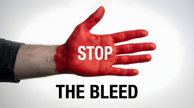 Hand stopping blood flow symbolic alert against crisis with vivid red painted hand outstretched palm displaying word STOP overlaid fingers fingers accompanied bold