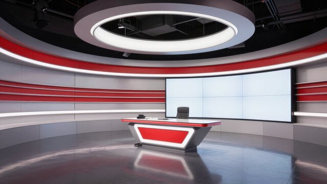 Modern television studio set with sleek red and white design, featuring a news desk, large screen, and circular lighting for professional broadcasting.