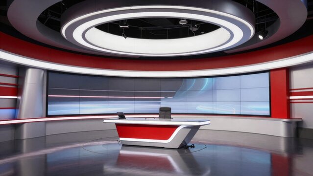 A modern news studio with a sleek desk, curved digital backdrop, and circular lighting, ideal for broadcast production.