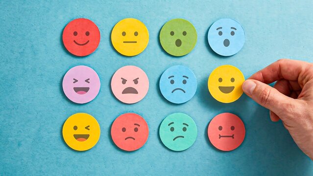 Hand placing happy emotion icon among colorful smiley faces representing customer satisfaction and feedback