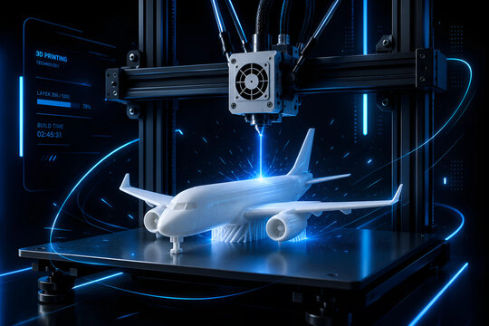 Futuristic 3D Printer Printing Airplane Model with Blue Laser, Neon Glow and Sci-Fi Industrial Background