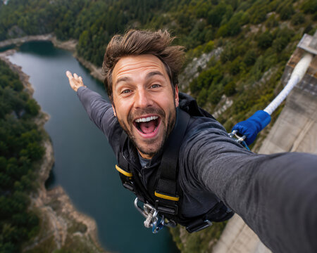 Excited Man Taking Selfie During Bungee Jump Over Mountain Canyon