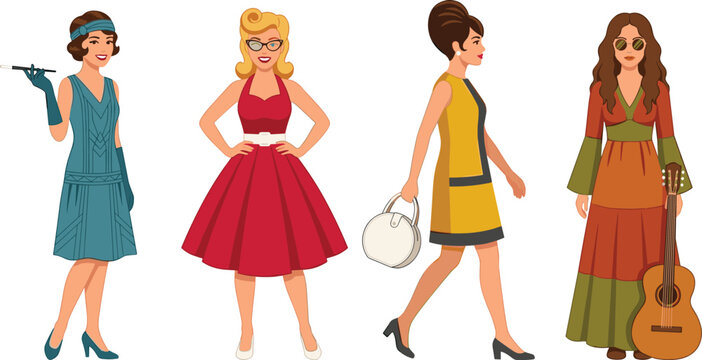 Vintage Fashion Women Character Vector Set Showcasing Retro Outfits from the 1920s Flapper 1950s Pinup 1960s Mod and 1970s Hippie Eras Graphic Designs