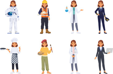 Obraz premium Diverse Women Profession Character Vector Set Featuring Astronaut, Construction Worker, Scientist, Pilot, Chef, Artist, Doctor, and Businesswoman Icons