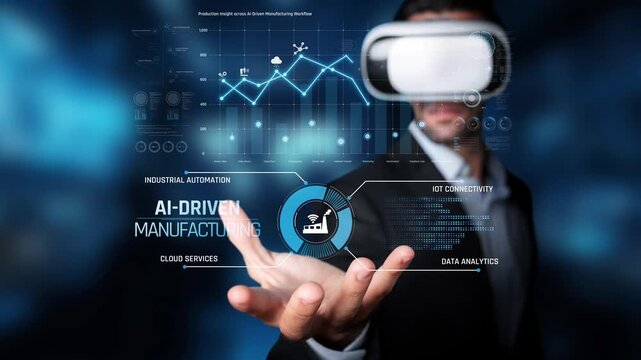 A business professional engages with virtual reality technology showcasing AI-driven manufacturing solutions focused on industrial automation and data analytics insights. Raster