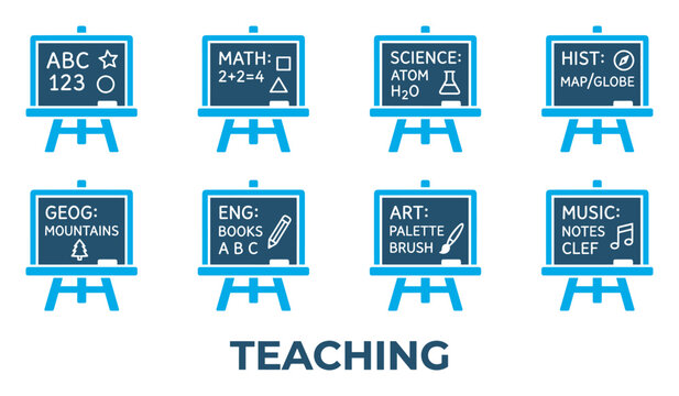 Teaching and education icons representing subjects and learning tools.