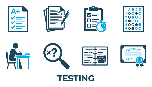 Testing concept with various icons representing exams and assessment.