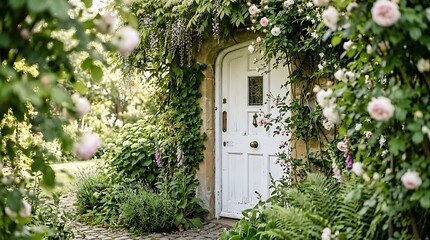 Fototapeta premium Charming White Wooden Door in Lush English Cottage Garden