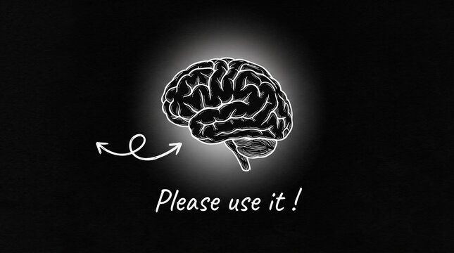 Brainpower Unleashed: A stylized, glowing brain illustration against a dark background, with a whimsical arrow and the text Please use it! urging creative thinking and intellectual engagement.