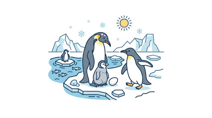 Family of Emperor Penguins on Ice in Sunlight. © Brengkel