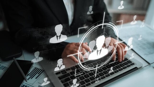 Business professional interacting with digital network of user profiles, illustrating technology and modern communication in a corporate environment Sigmoid