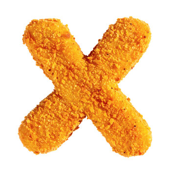 Chicken nugget letter X shaped from crispy breaded fried poultry snacks arranged in a decorative font style for creative food menu design&nbsp;
