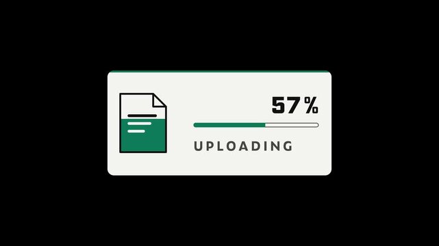 Upload Progress UI Card with Document Tile Filling from Bottom in Emerald Ink, Percent Counter and Complete Check Badge on Black Background, 4K Luma Key Screen Blend Overlay