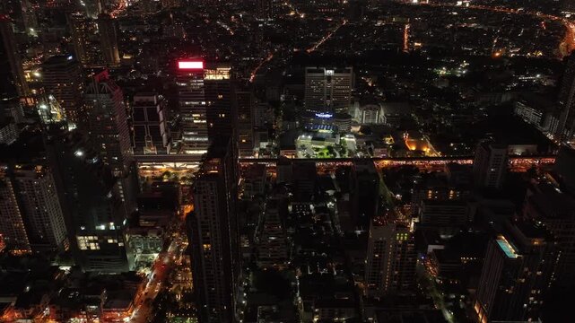 night time life bangkok cityscape traffic street road overpass aerial panorama 4k thailand 