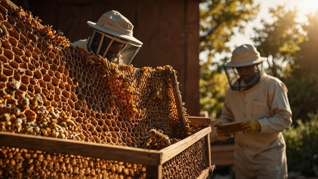 Beekeeper checking the hives of bee, 3d render style background - Generative AI