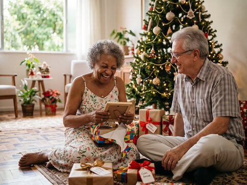 Senior couple looking at framed photo gift on Christmas