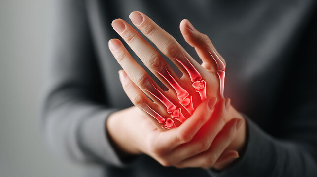 Image shows skeletal hand overlay on human skin, focusing on prominent red highlighted joints, illustrating pain and potential issues in finger joints