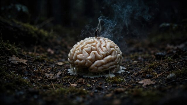 A realistic human brain model rests on the forest floor, emitting a faint wisp of smoke.