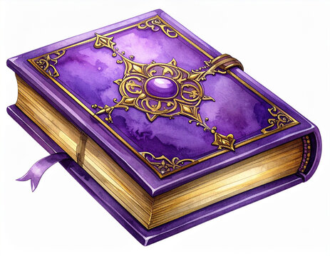 紫色の魔法の本の水彩画風イラスト/Watercolor illustration of a purple magic spell book