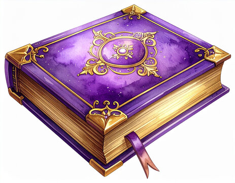 紫色の魔法の本の水彩画風イラスト/Watercolor illustration of a purple magic spell book