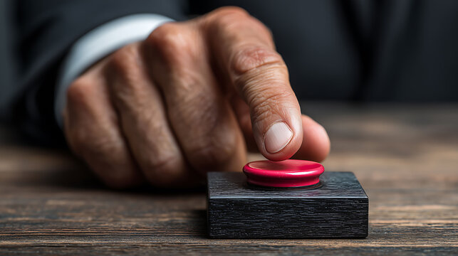 A man in a suit pressing a prominent red button on a wooden desk, representing urgent decisions, launching operations, control, or initiating a critical action