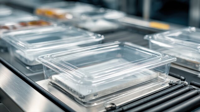 Transparent plastic containers on a conveyor belt in a modern packaging or manufacturing facility.