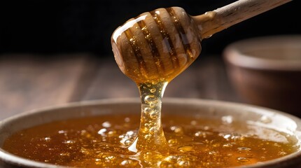 Fototapeta premium closeup of honey dripping from a wooden spoon.
