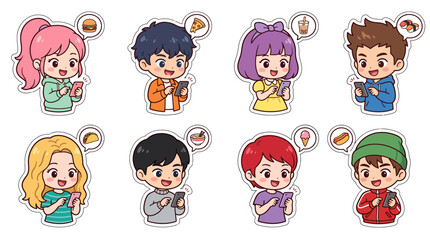 Naklejka premium Cute Chibi Characters Holding Smartphones Ordering Food Online Vector Sticker Set