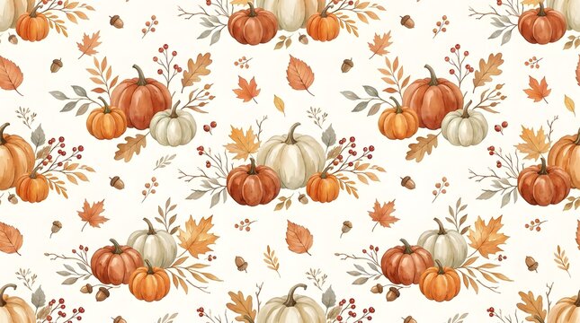 Seamless pattern with watercolor pumpkins and autumn leaves for a festive happy halloween background design