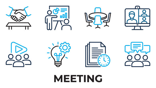 Modern meeting icons for online and offline collaboration, business presentation and teamwork concepts.