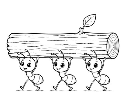 Three cheerful cartoon ants working together to carry a large wooden log, symbolizing teamwork, cooperation, strength, and collective effort.