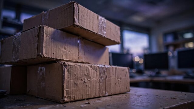 Stack of Cardboard Boxes on a Table in an Office Setting.