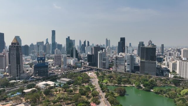 sunny day bangkok city center park area traffic street crossroad aerial panorama 4k thailand 