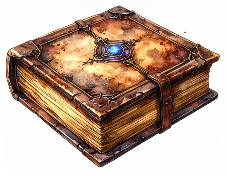 水彩画風のアンティークな魔導書と古い本/Watercolor antique magic spell book illustration