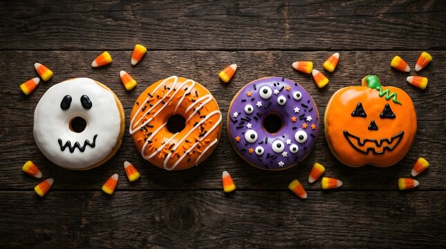 Festive happy halloween donuts decorated with spooky icing and candy corn on a rustic dark wooden table background