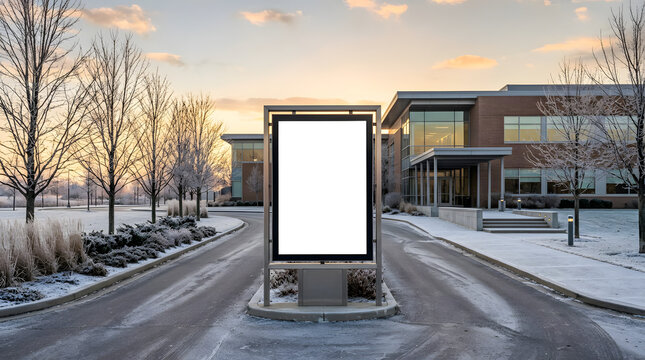 Blank vertical billboard mockup in front of modern office building in winter