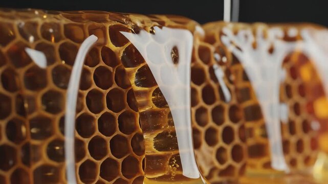 Close up of honeycomb dripping with thick golden honey