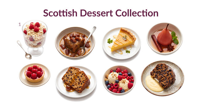 Scottish dessert collection featuring cranachan clootie dumpling and honey tart, realistic sweet food elements isolated on transparent background