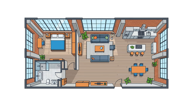 Modern 2D Floor Plan of an Industrial Loft Apartment