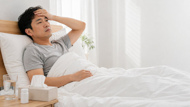 Sick Man Resting in Bed with Fever and Headache