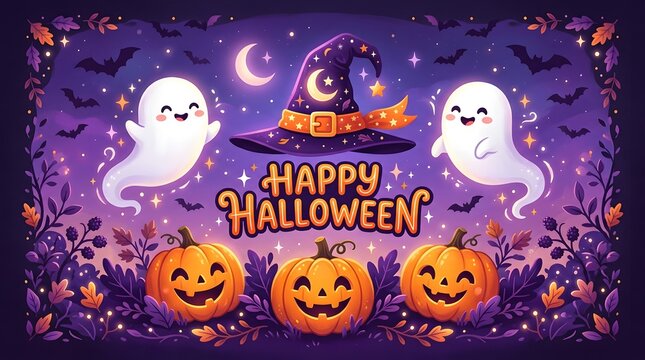Festive happy halloween background featuring cute ghosts pumpkins and a witch hat in a magical purple night setting