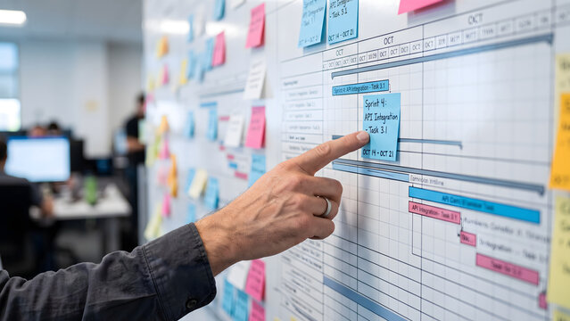 Professional Project Manager Planning Workflow Tasks on a Collaborative Office Whiteboard