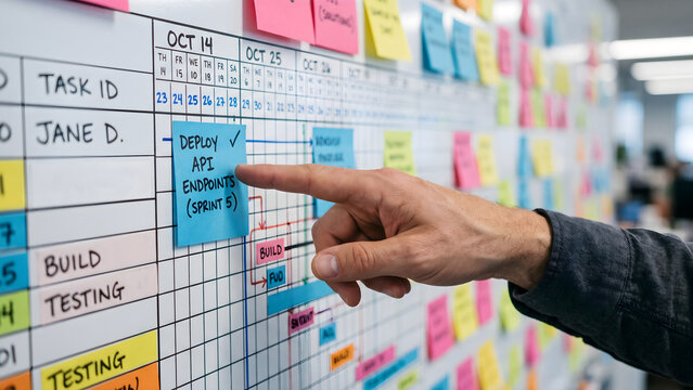 Project manager pointing at scrum task board during agile sprint planning meeting