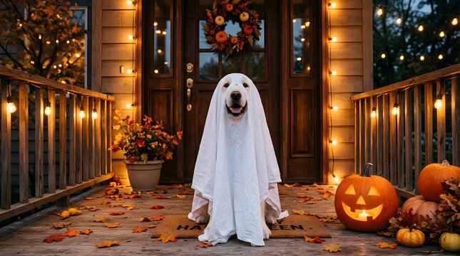 A cute golden retriever wearing a ghost costume on a porch to celebrate a happy halloween holiday
