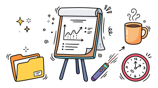 Business presentation doodle set showing flip chart graph coffee cup clock folder and laser pointer isolated on clean white background