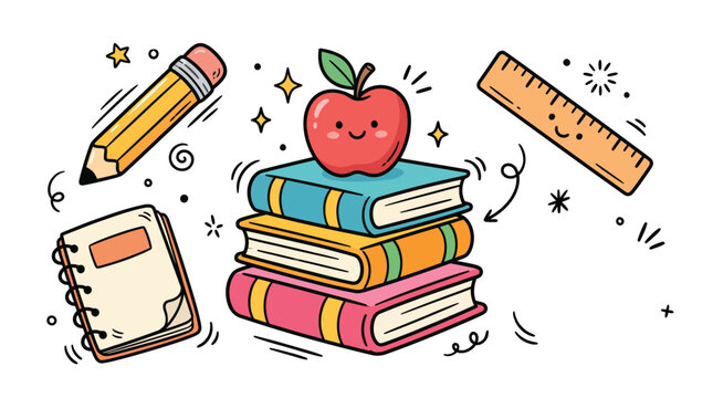 Education study doodle set with red cute apple on book stack pencil ruler graduation cap and notebook on white background vector